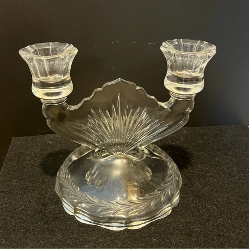 Vintage Clear Jeanette Glass Double Candlestick Holder Sunburst Herringbone